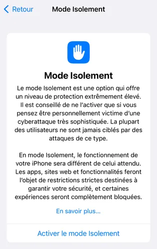 Activation du mode isolement sur un iPhone