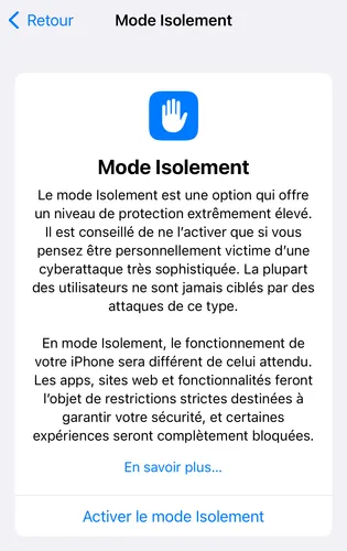 Activation du mode isolement sur un iPhone