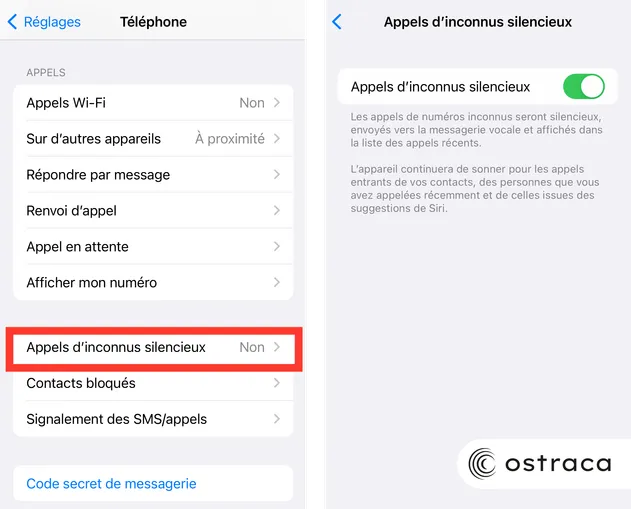 Procédure pour bloquer les appels de numéros inconnus avec le Mode silencieux.