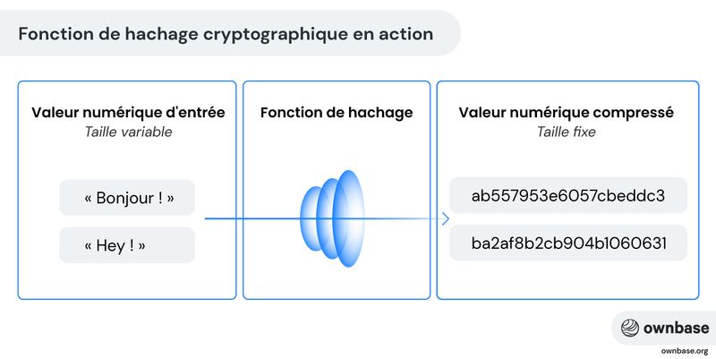 Illustration d'une fonction de hachage cryptographique en action. (Source ownbase.org)