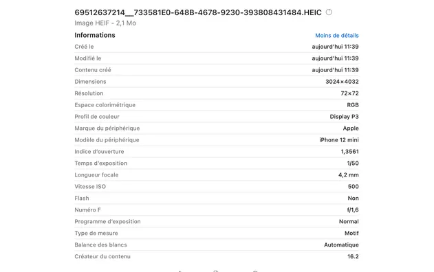 Exemple des métadonnées d'une photos prise avec iPhone