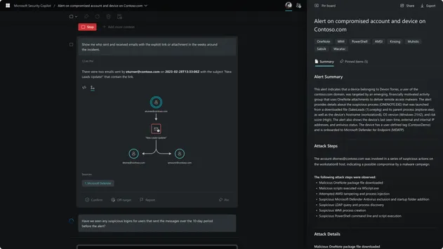 Microsoft Security Copilot - alerte sur un compte et un appareil compromis