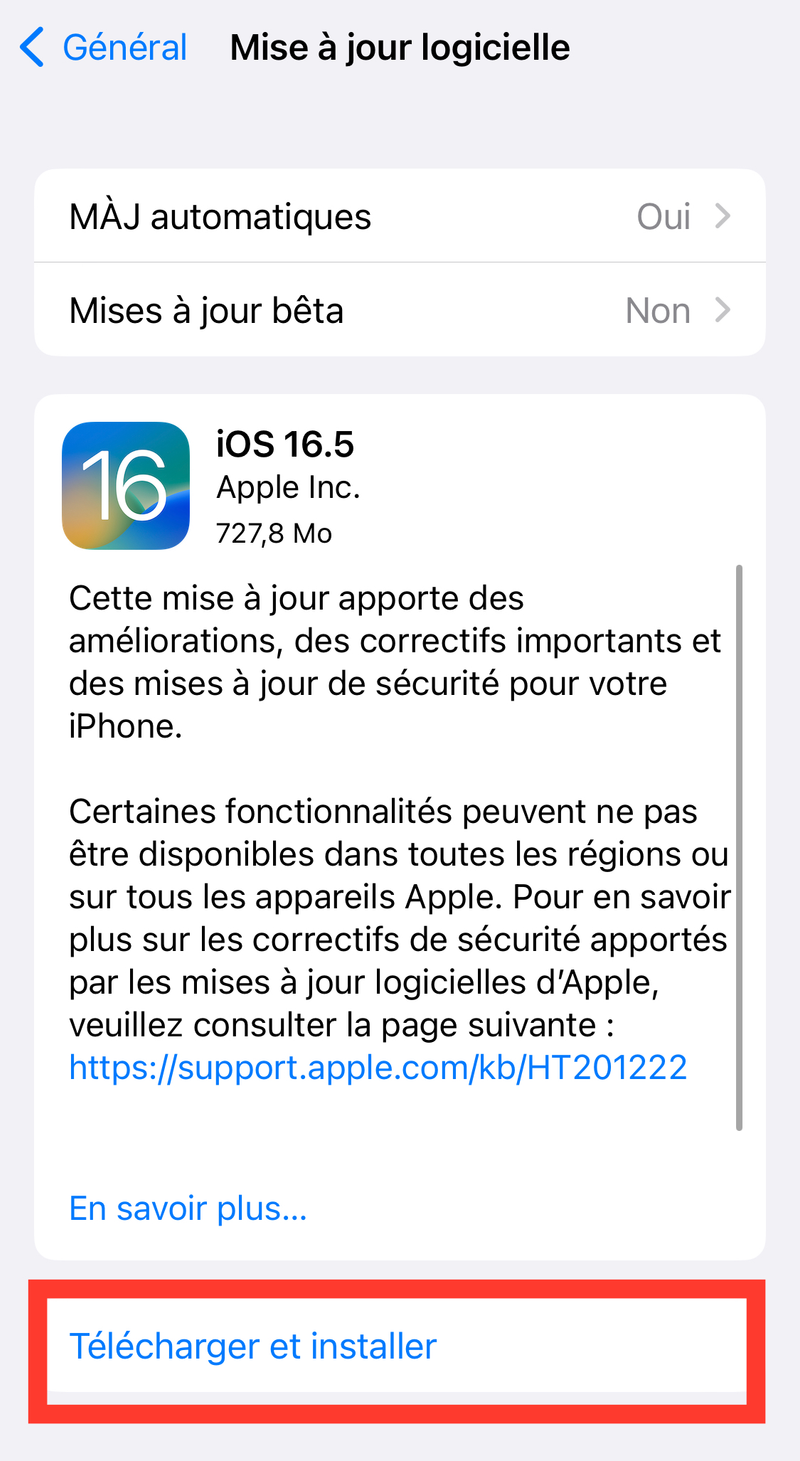 Ecran de mise à jour sur un iPhone pour iOS 16.5
