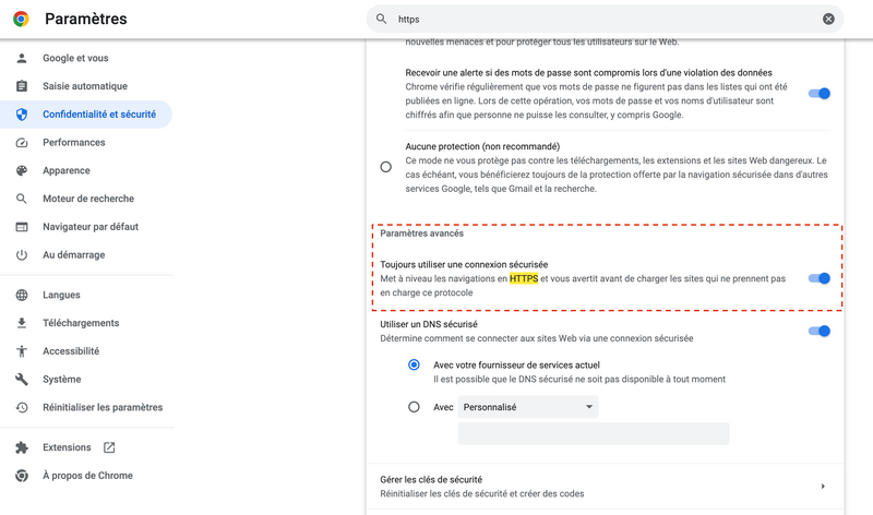 Activation de l'option "Toujours utiliser une connexion sécurisée" sur Google Chrome.