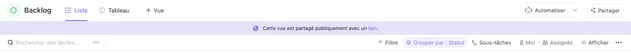 Exemple d'un projet qui est partagé publiquement, une alerte est afichée - Clickup